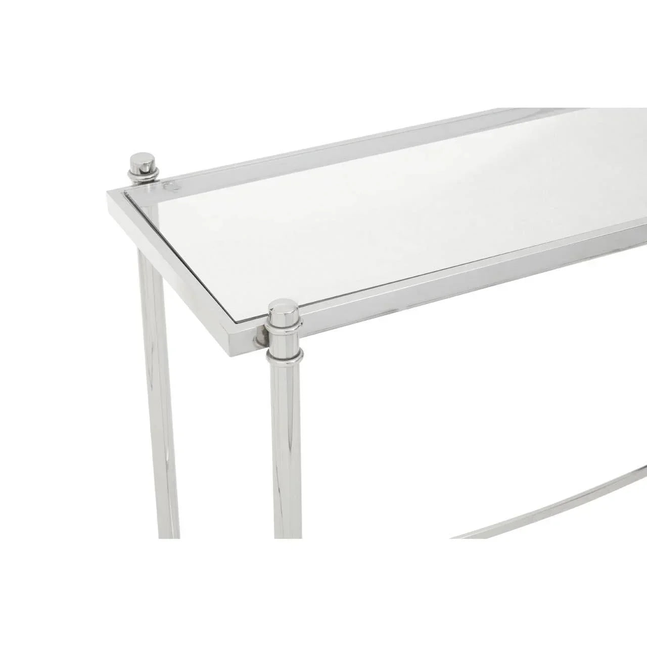 Glass console table with polished chrome frame and rounded metal legs, corner detail view