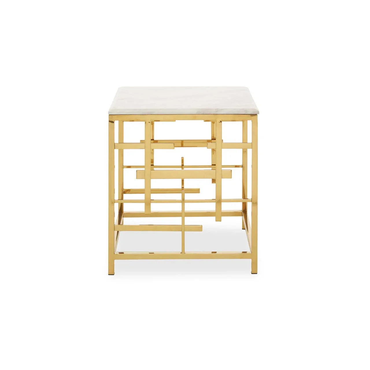 Gold metal and marble side table with geometric base, front view