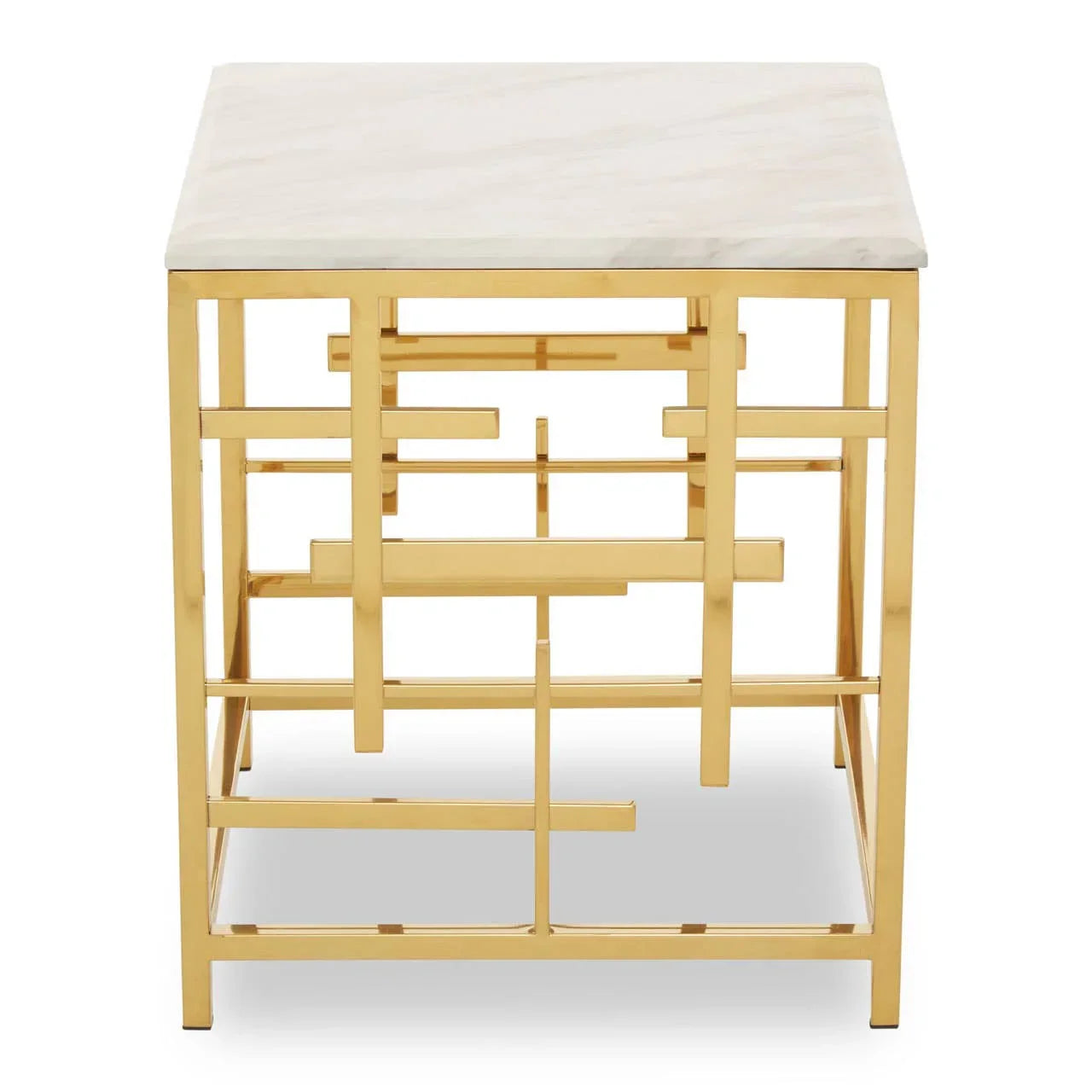 Square side table with gold geometric metal base and white marble top