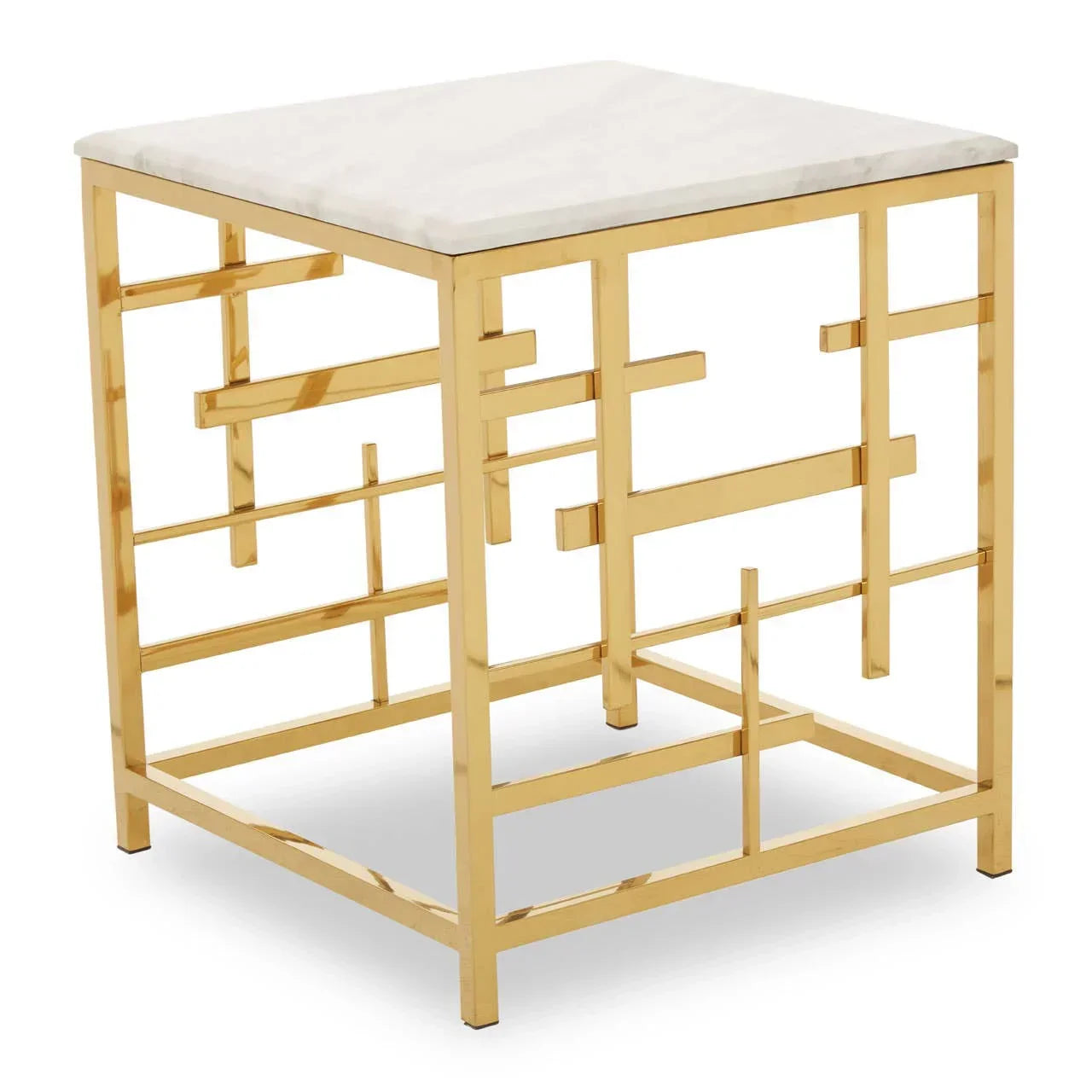 Gold metal side table with geometric frame and white marble top