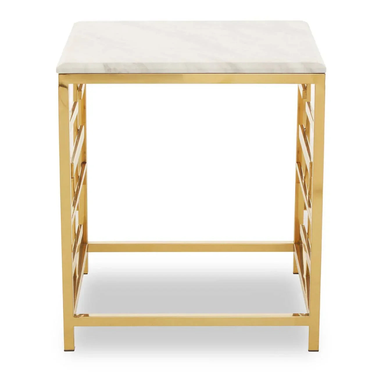 Square marble top side table with gold metal frame, front view