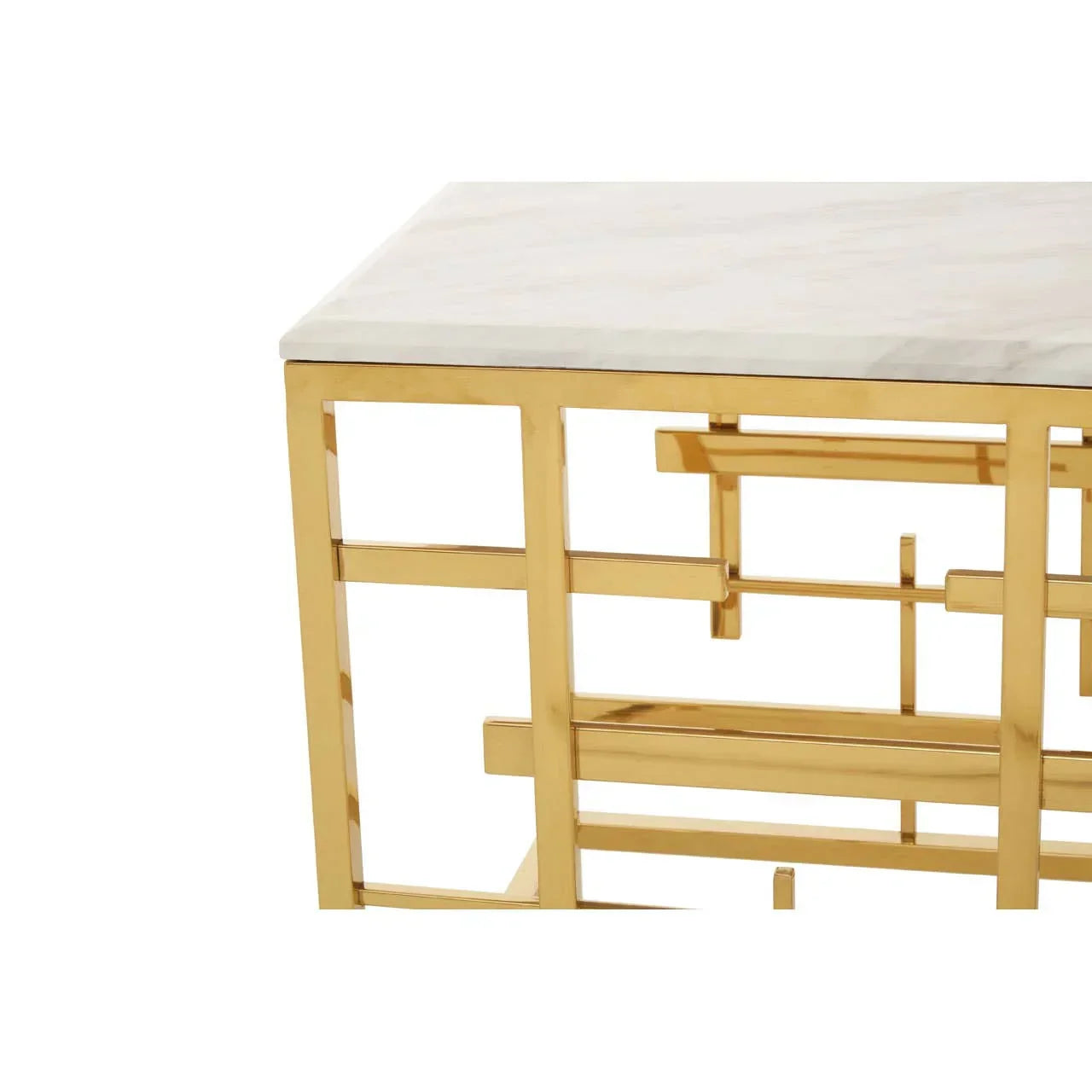 Marble top coffee table with gold metal geometric frame, close-up of corner and side