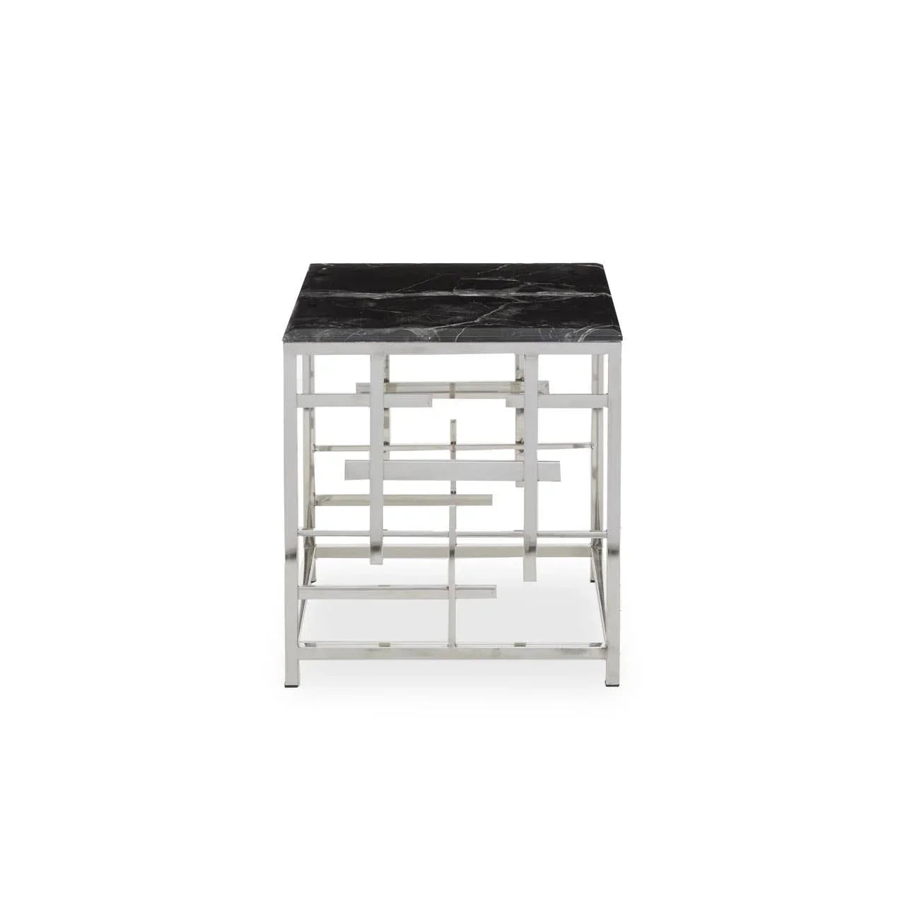 Square black marble side table with chrome geometric metal base, front view