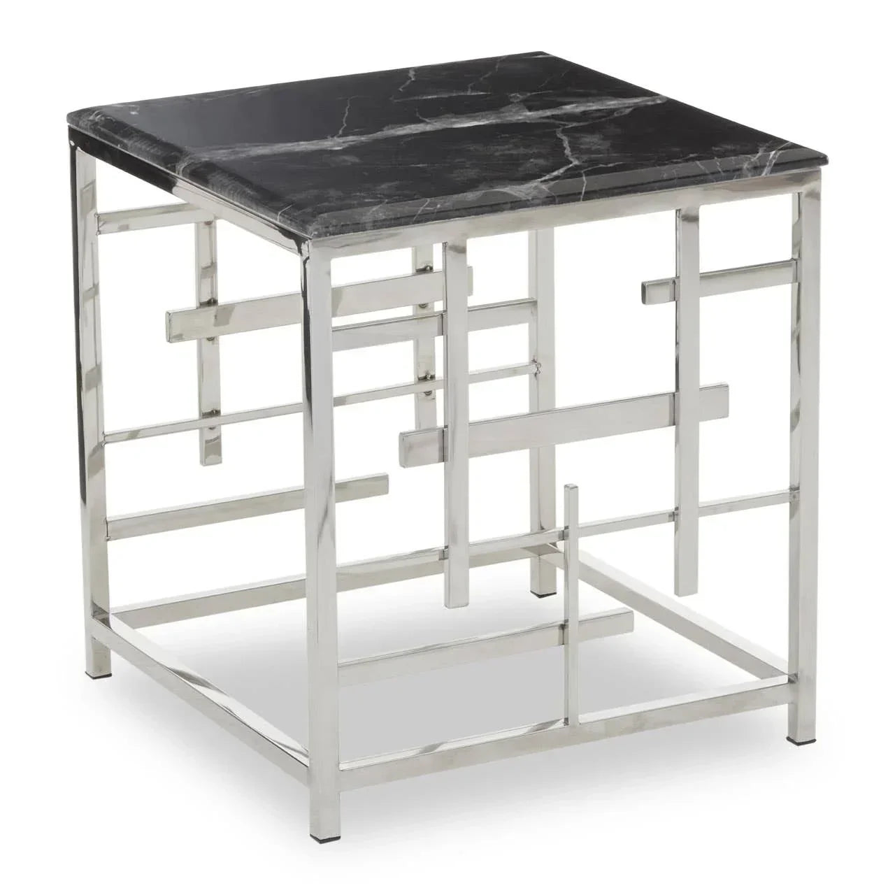 Modern square side table with black marble top and geometric chrome metal base