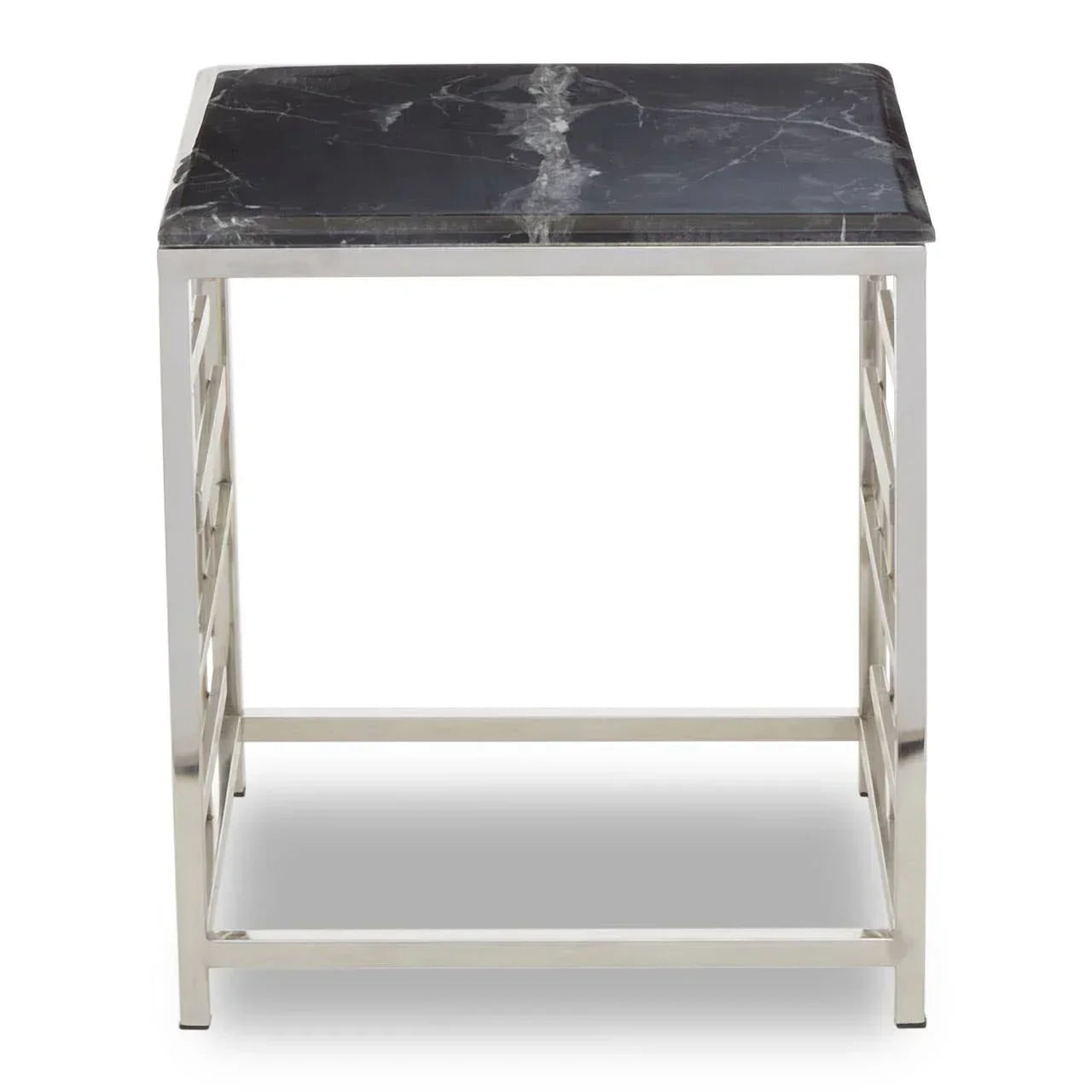 Square side table with black marble top and chrome metal frame