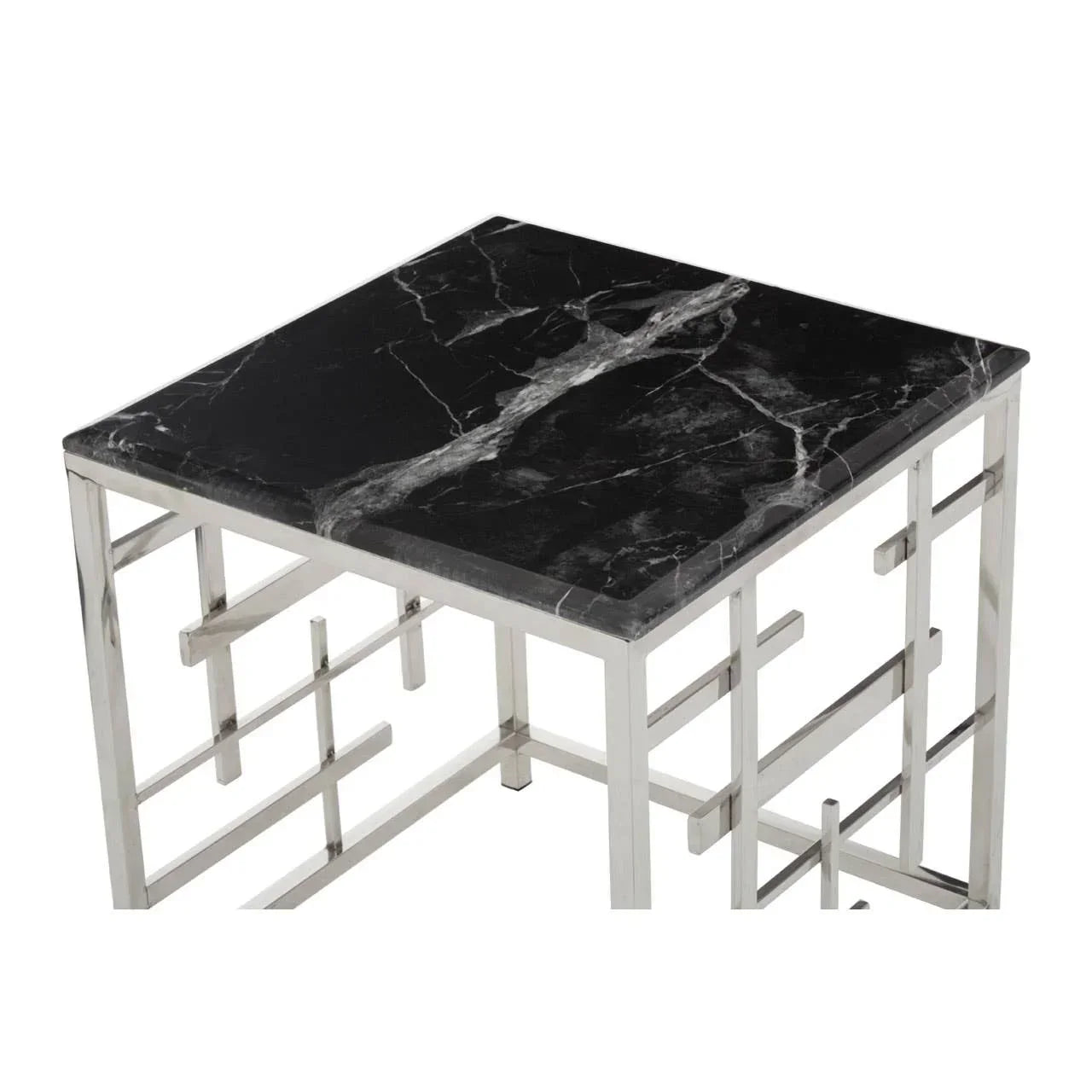 Square side table with black marble top and chrome geometric metal frame