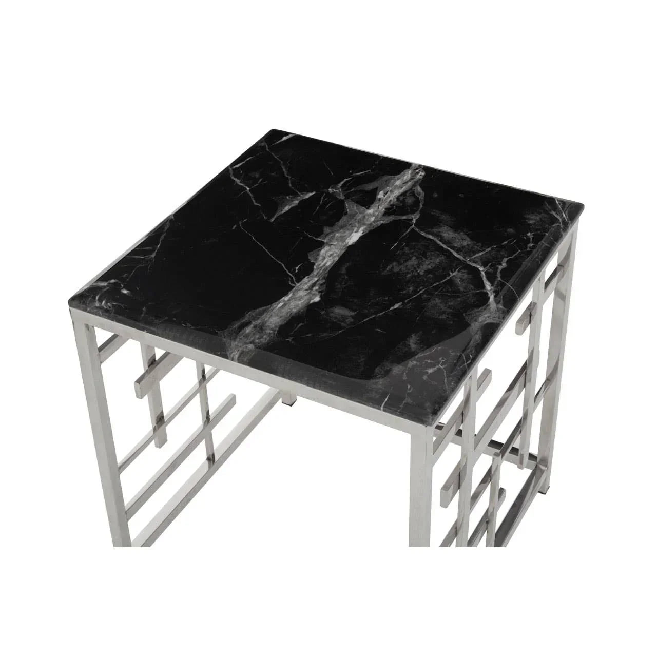 Square side table with black marble top and silver metal frame, angled view
