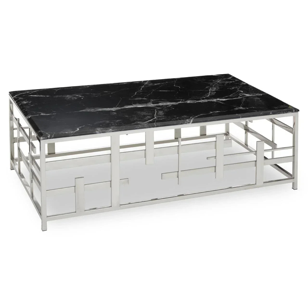 Rectangular black marble coffee table with silver geometric metal frame on white background