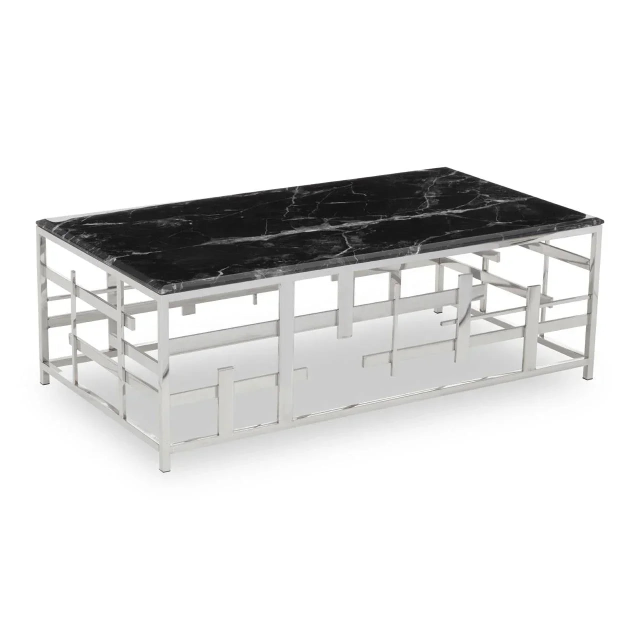 Rectangular black marble coffee table with silver geometric metal frame
