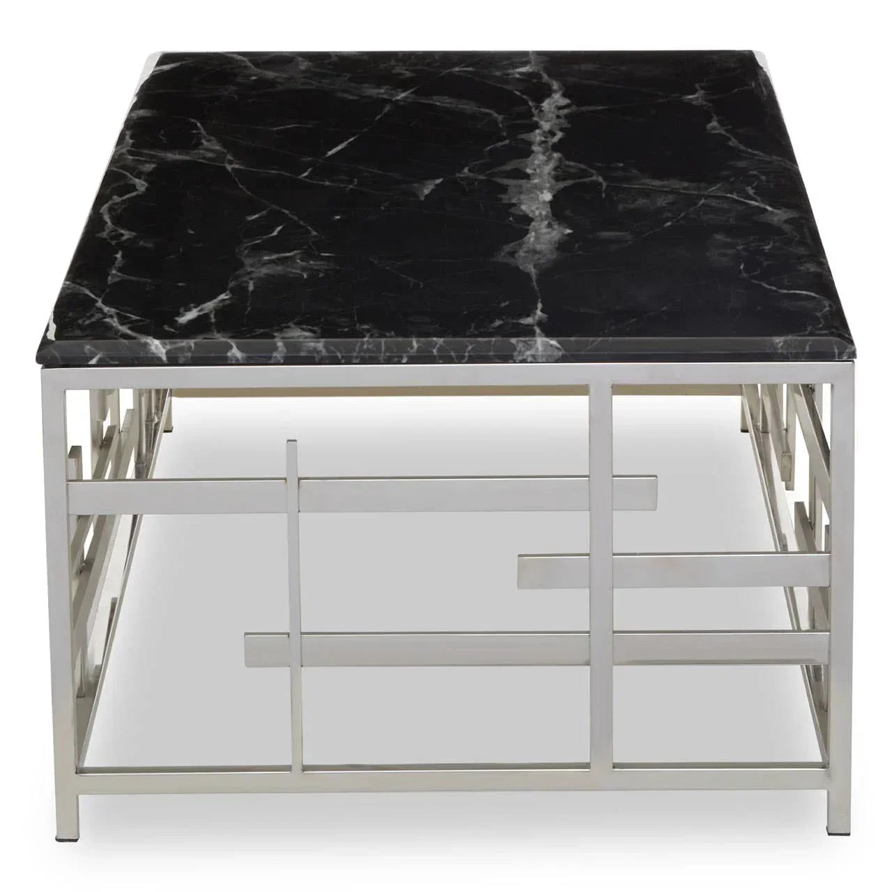 Rectangular black marble coffee table with geometric chrome metal base, front view