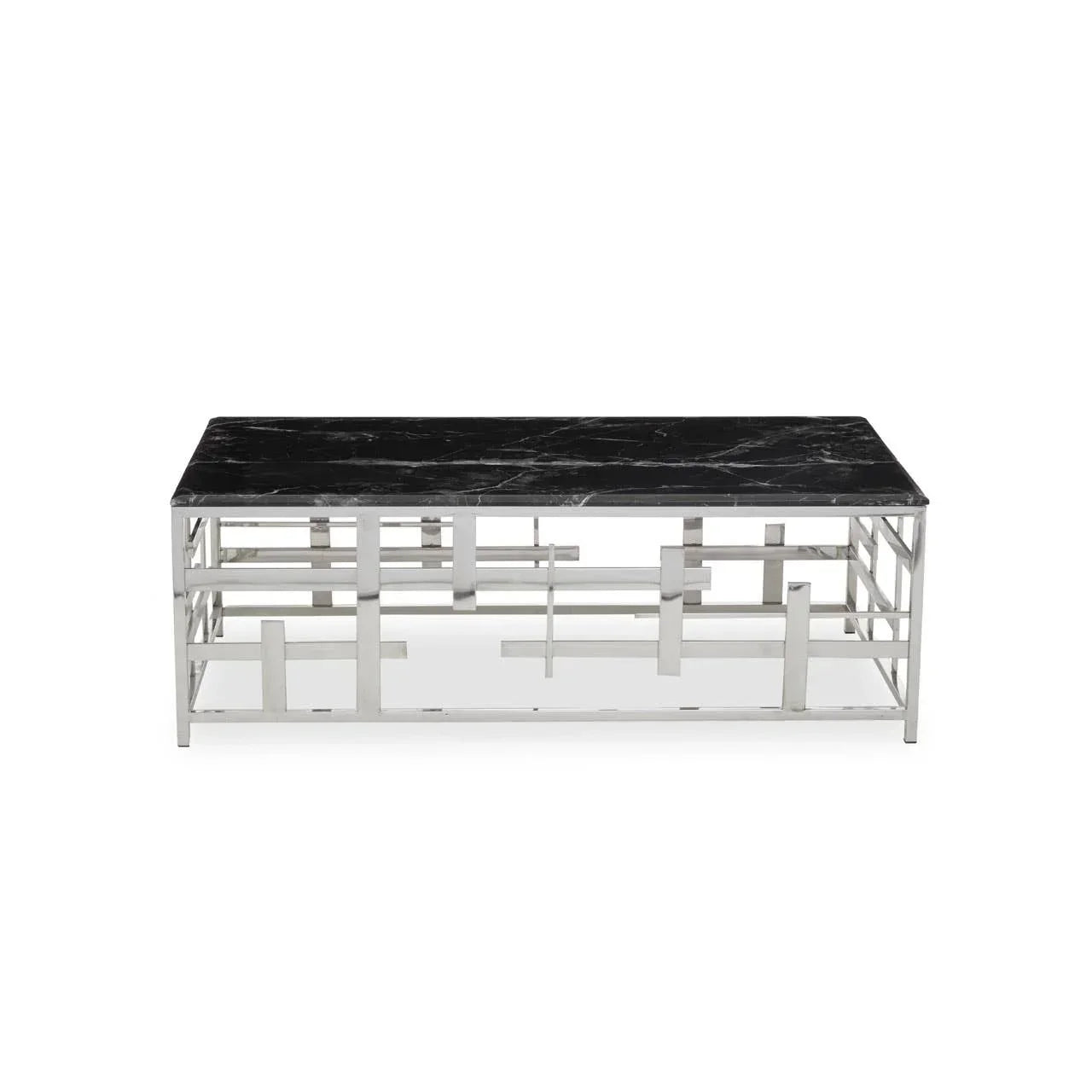Black marble coffee table with geometric chrome frame, rectangular modern design