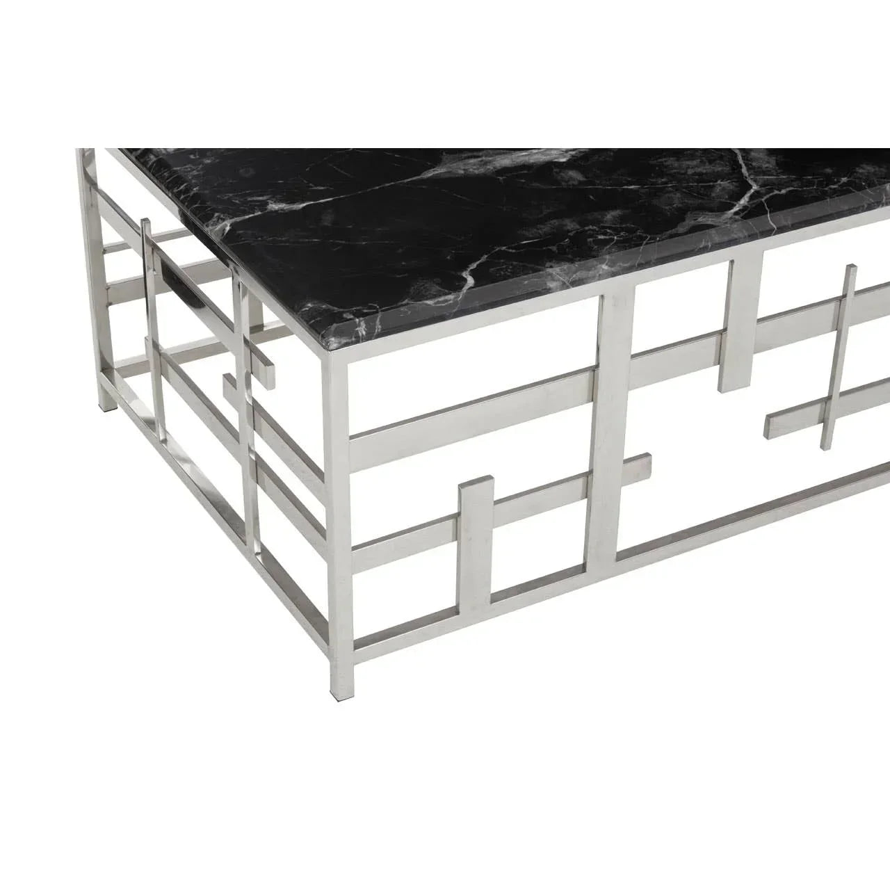 Modern coffee table with black marble top and silver geometric metal frame