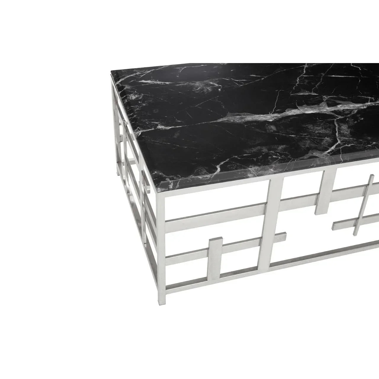 Rectangular coffee table with black marble top and geometric chrome metal base
