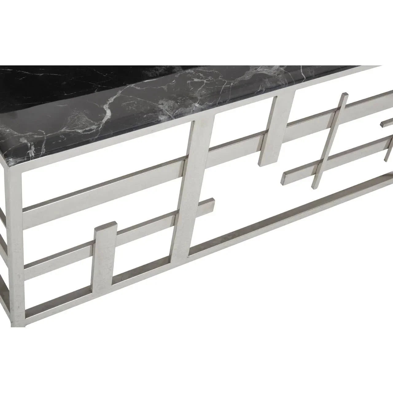 Modern coffee table with black marble top and geometric silver metal frame detail