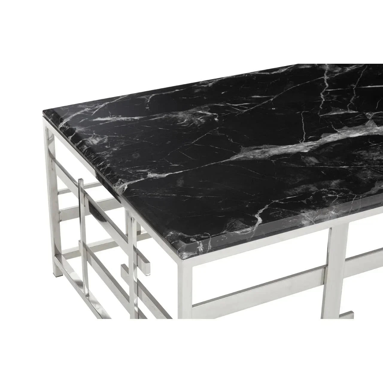 Black marble dining table top with stainless steel frame, corner angle view