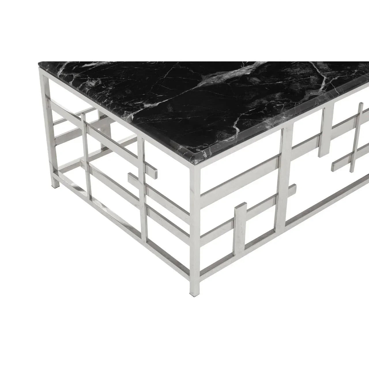 Rectangular black marble coffee table with geometric chrome metal base