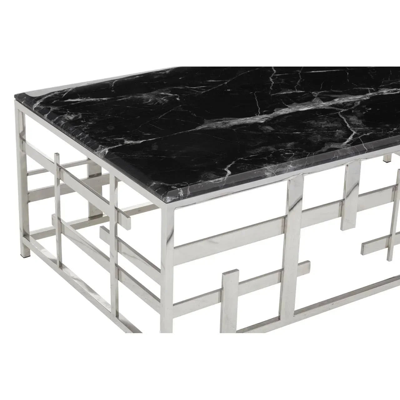 Rectangular coffee table with black marble top and geometric chrome metal frame