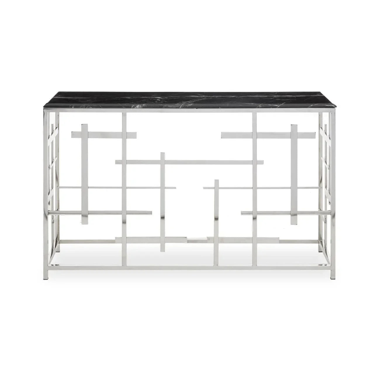 Modern console table with black marble top and geometric chrome metal frame