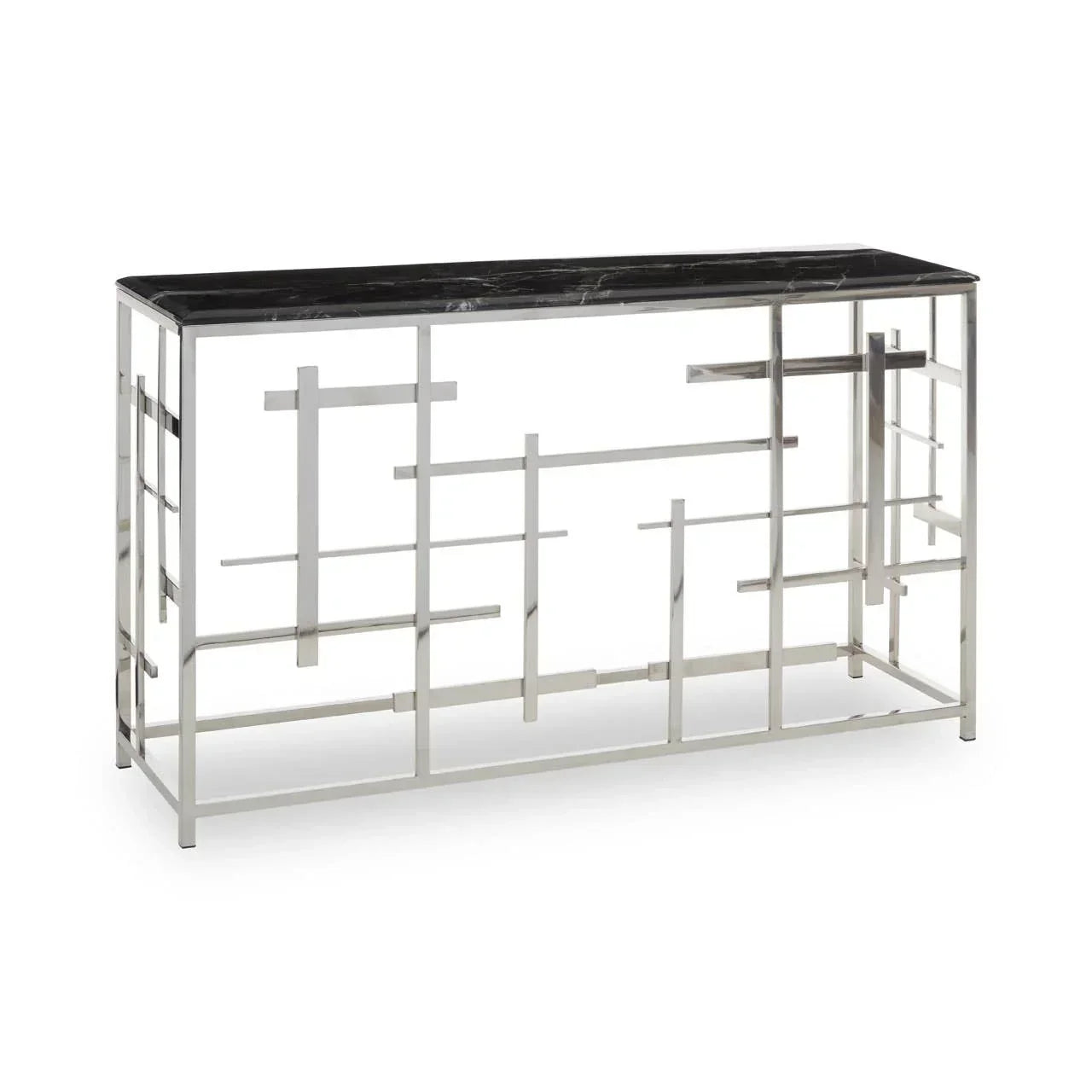 Contemporary console table with black marble top and chrome geometric metal frame