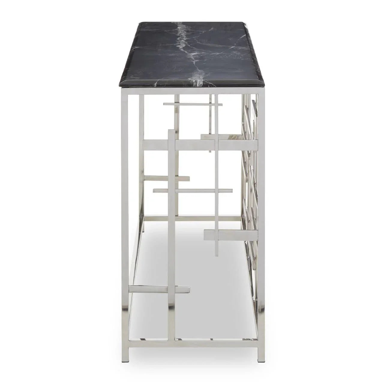 Side angle of console table with black marble top and chrome geometric metal frame