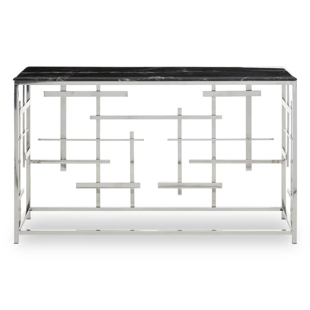 Modern console table with black marble top and geometric chrome metal base
