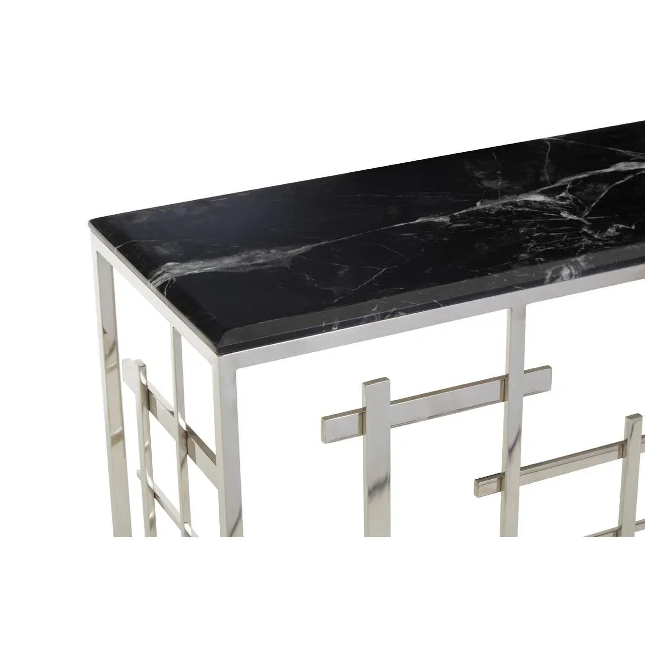 Black marble console table with chrome frame and geometric metal accents
