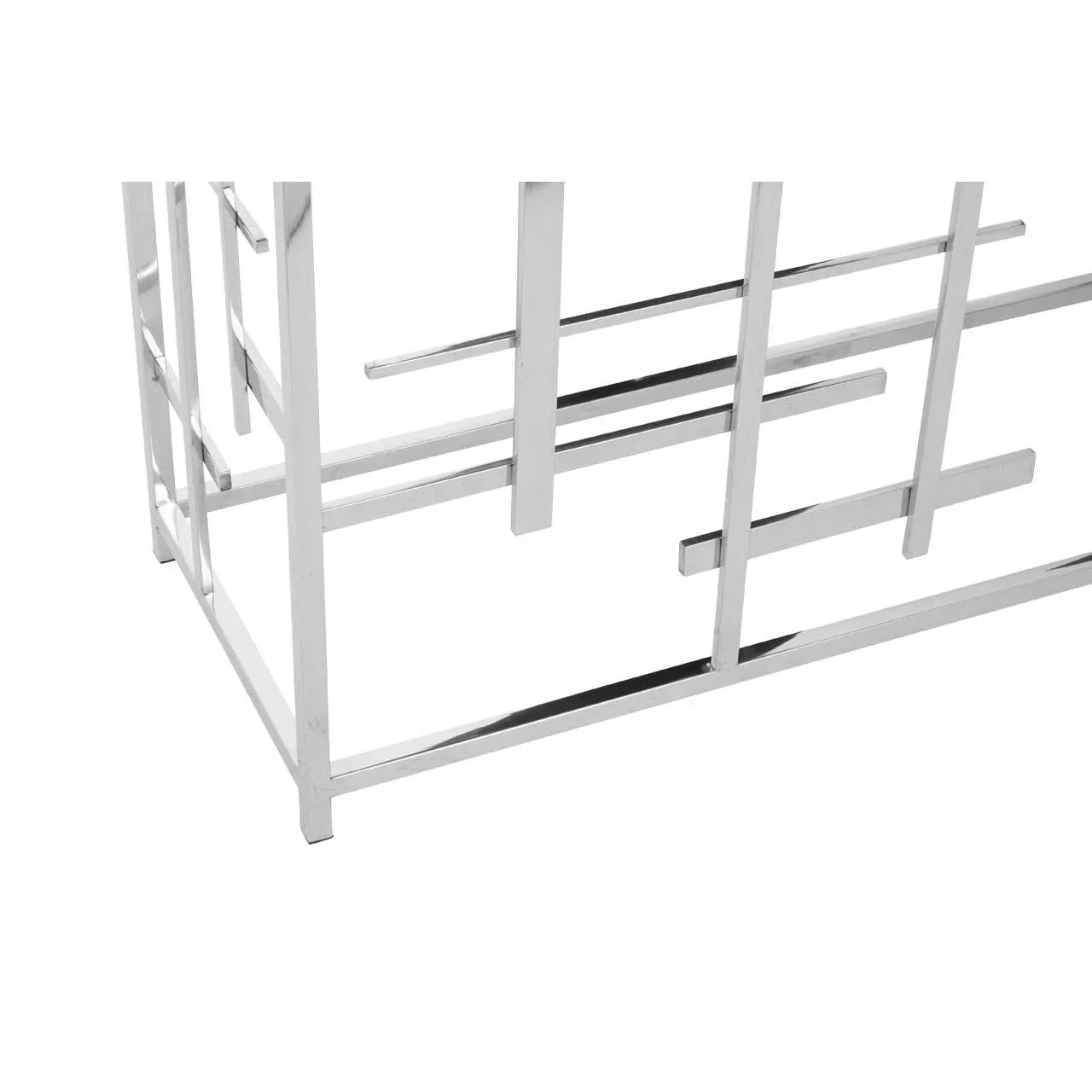 Chrome metal coffee table legs with geometric pattern detail