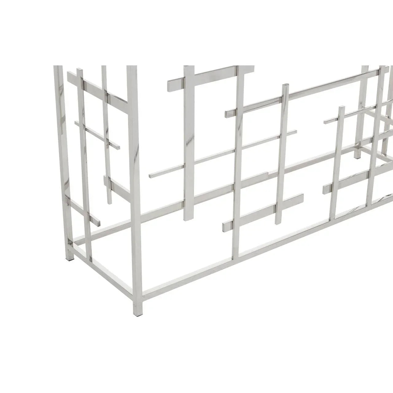 Chrome metal geometric console table frame with modern grid design, close-up view
