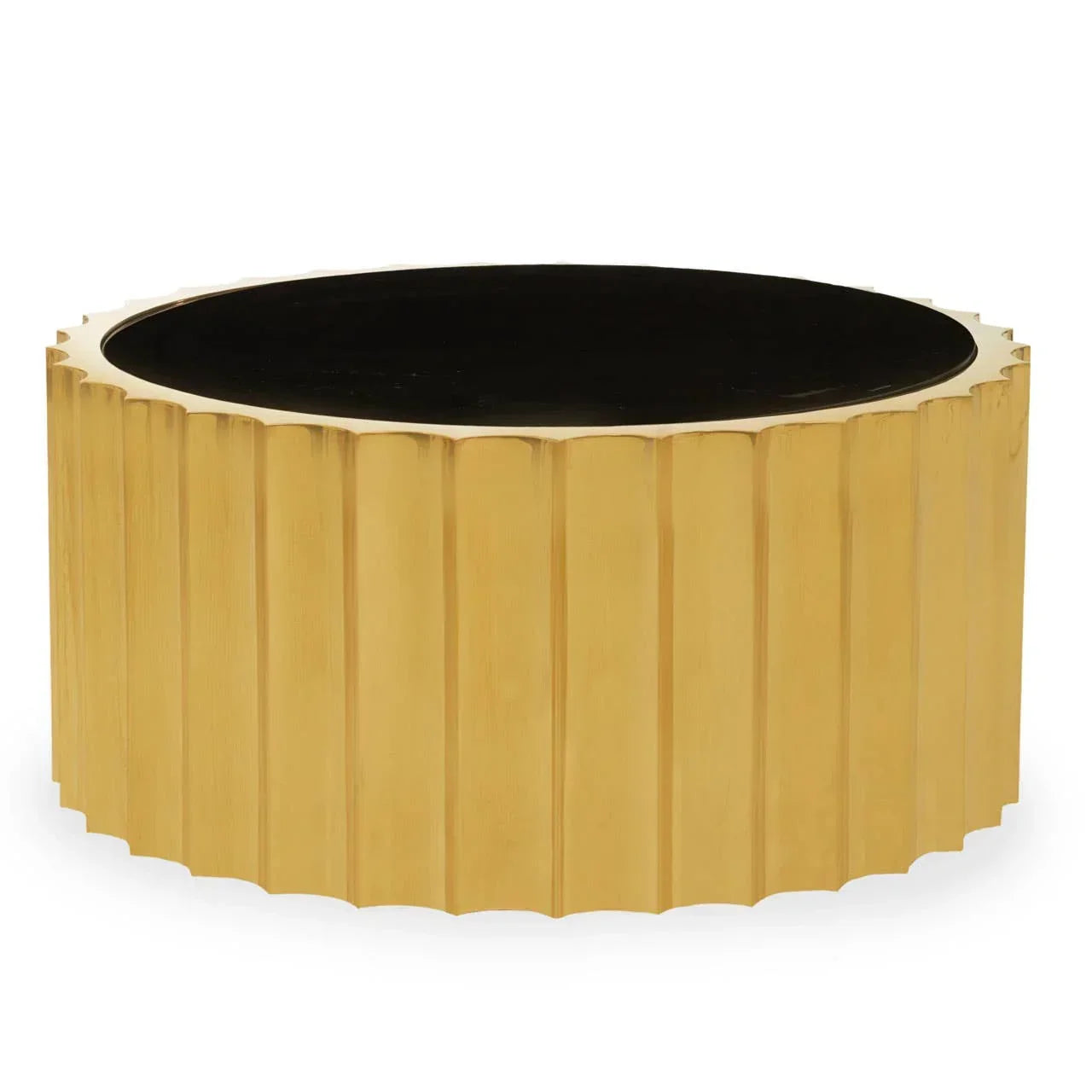 Round gold coffee table with black top and fluted sides