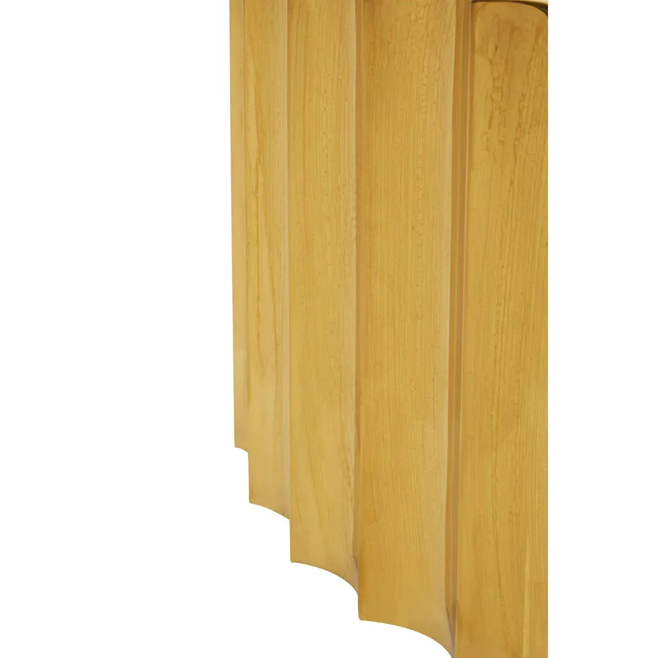 Closeup of light oak wooden table base with vertical wave panel design