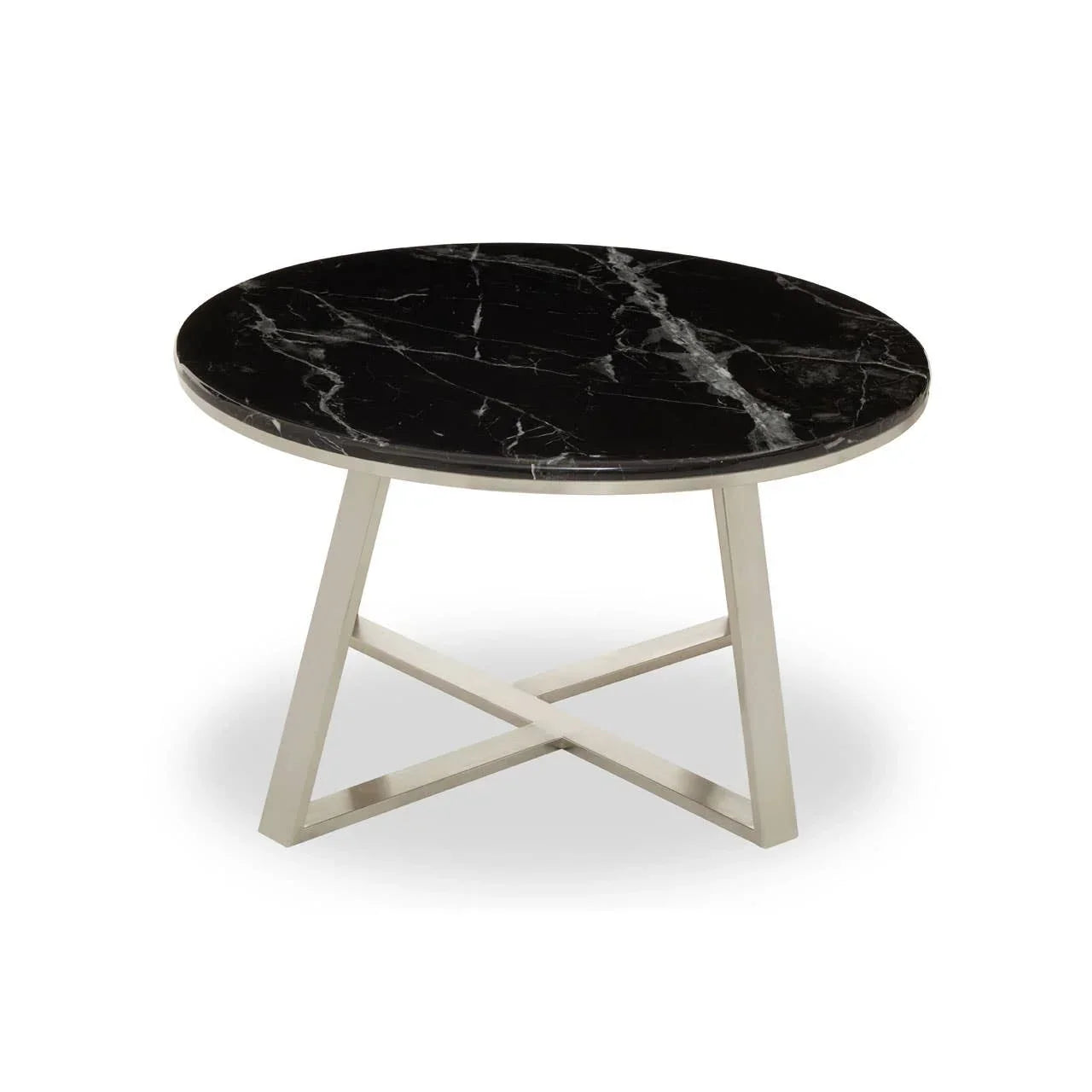 Round black marble coffee table with silver metal base on white background