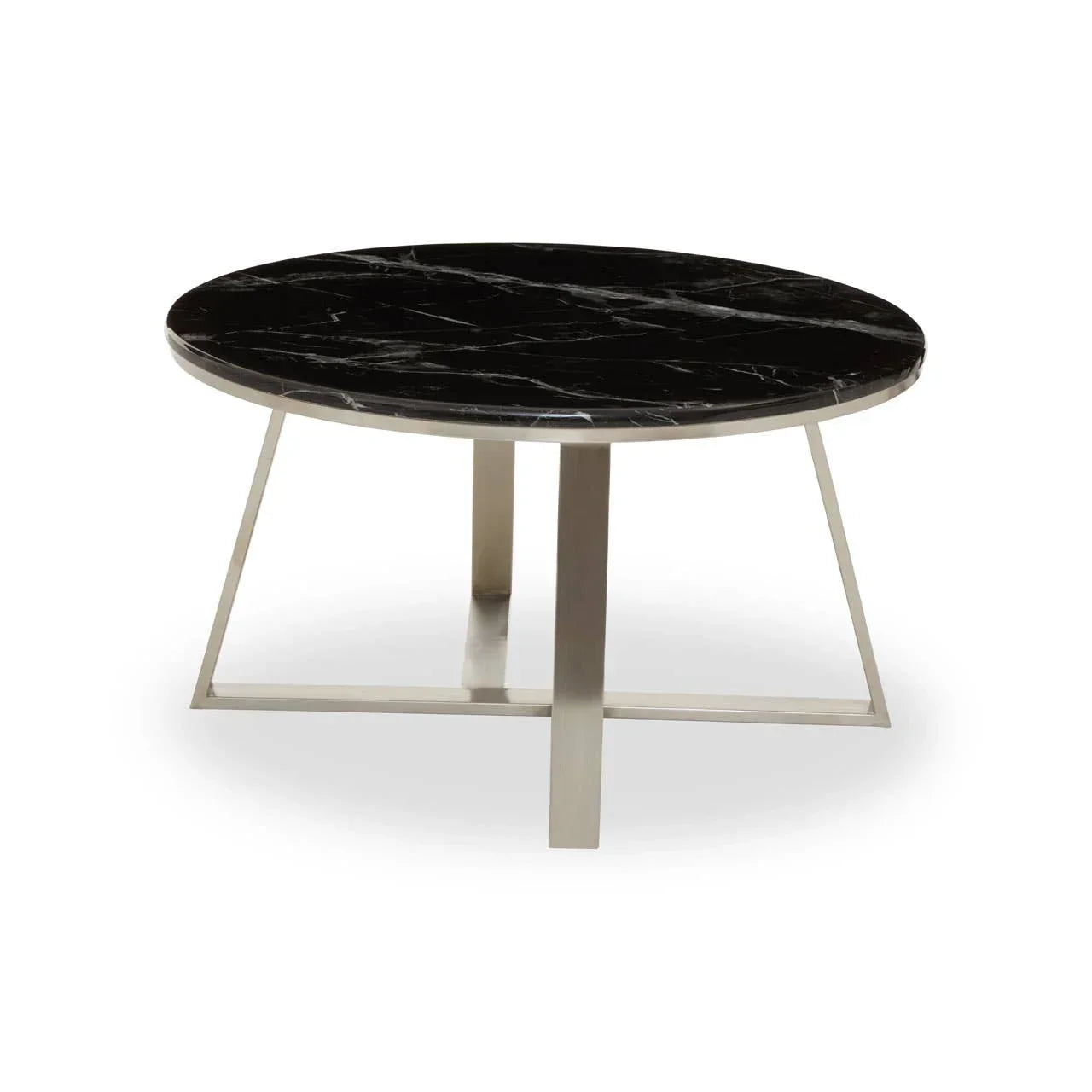 Round black marble coffee table with silver metal legs on white background