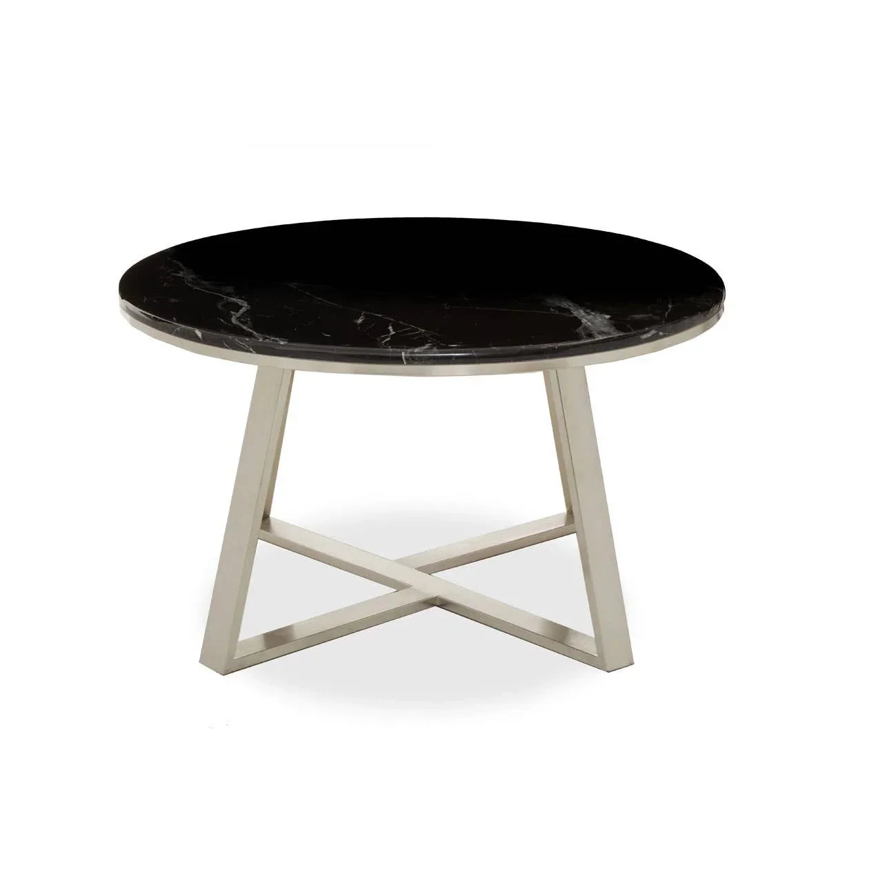 Round black marble coffee table with silver metal legs on white background