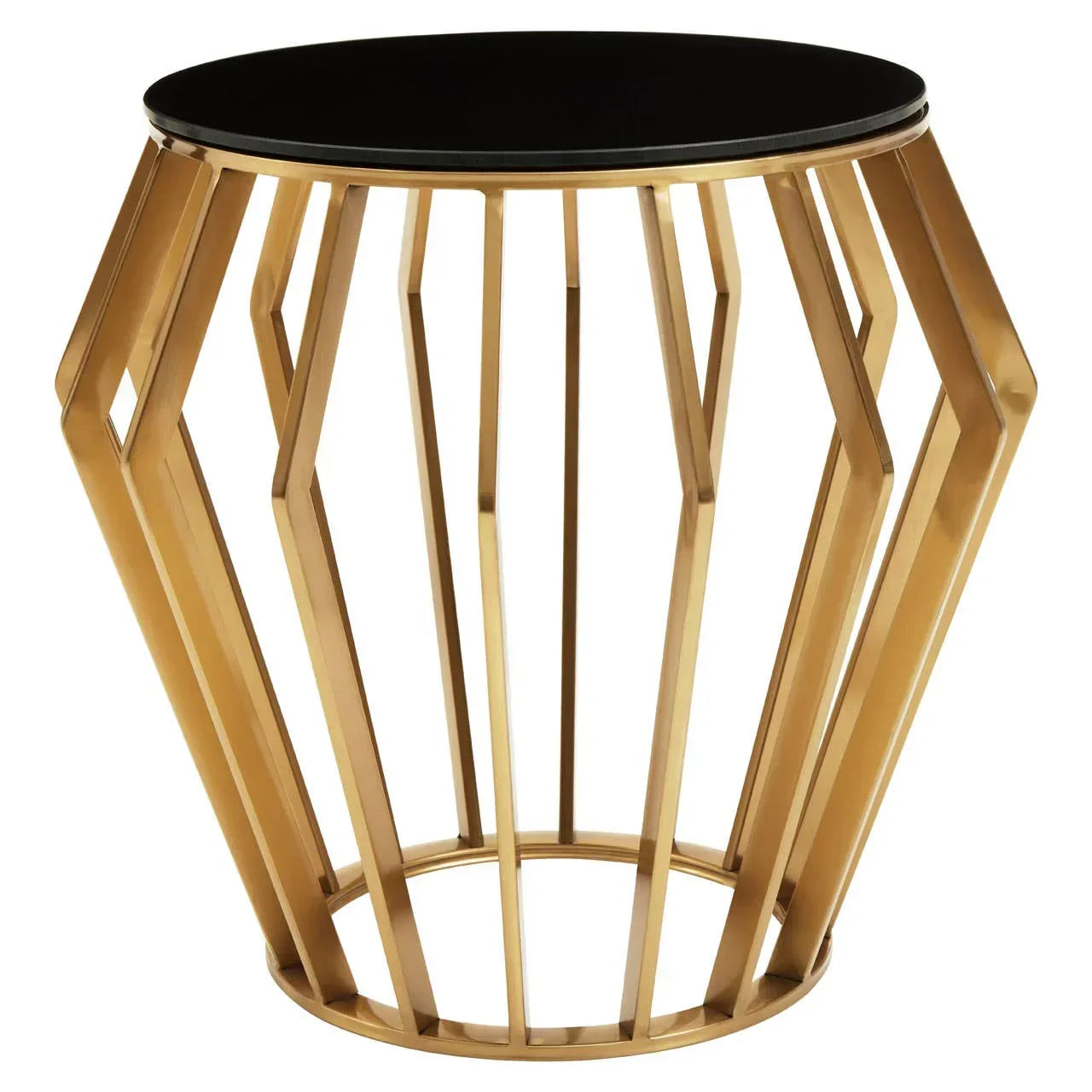 gold metal side table with black round top and geometric open frame design
