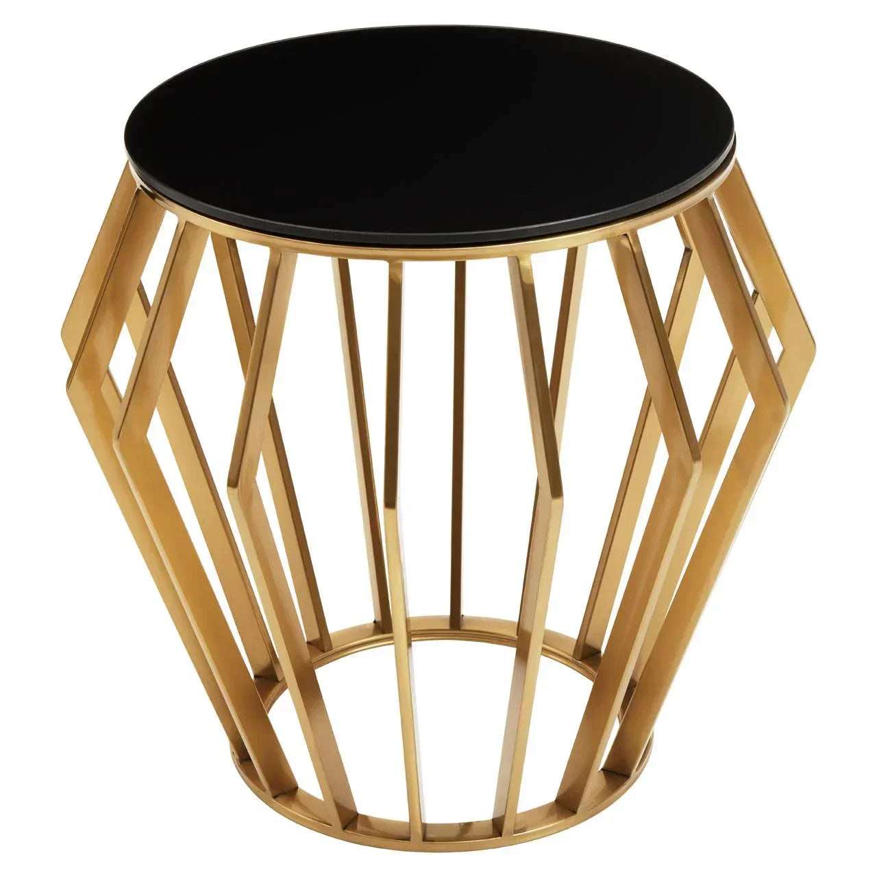 Round black glass side table with gold geometric metal frame, contemporary accent furniture