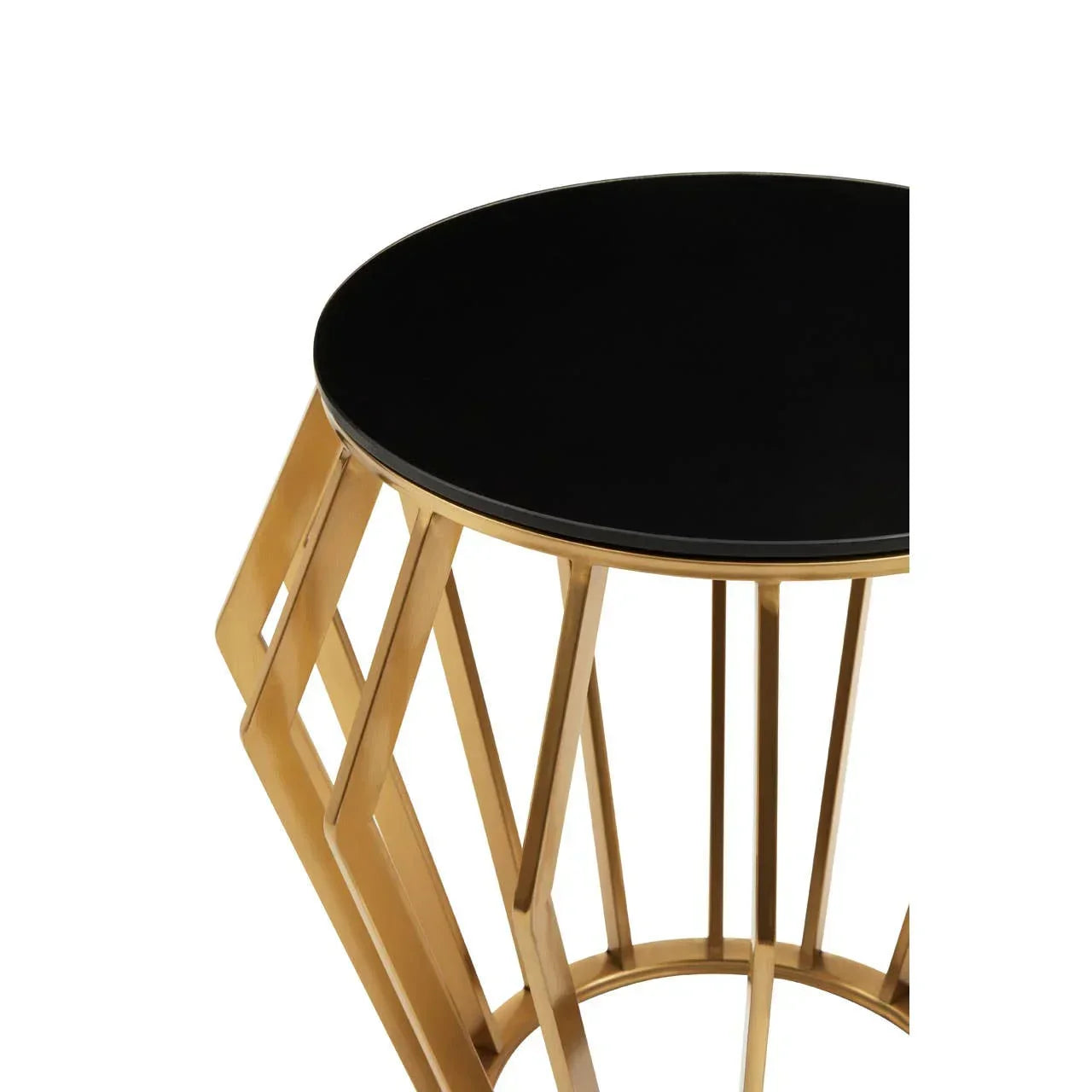 Round black glass side table with gold geometric metal frame