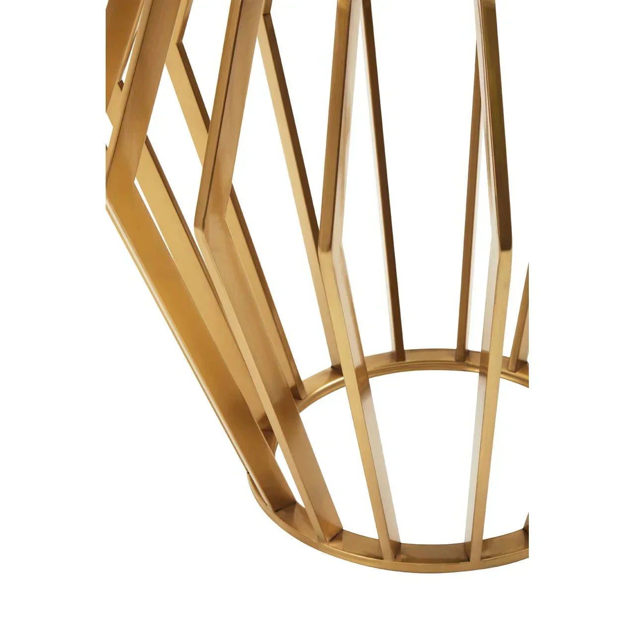 Gold metal table base with geometric open-frame design, close-up angle