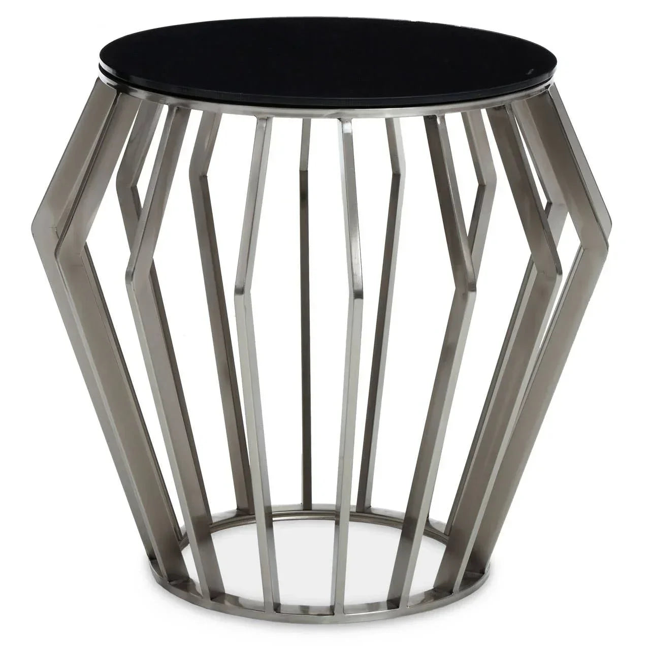 Modern round side table with black glass top and geometric chrome metal frame