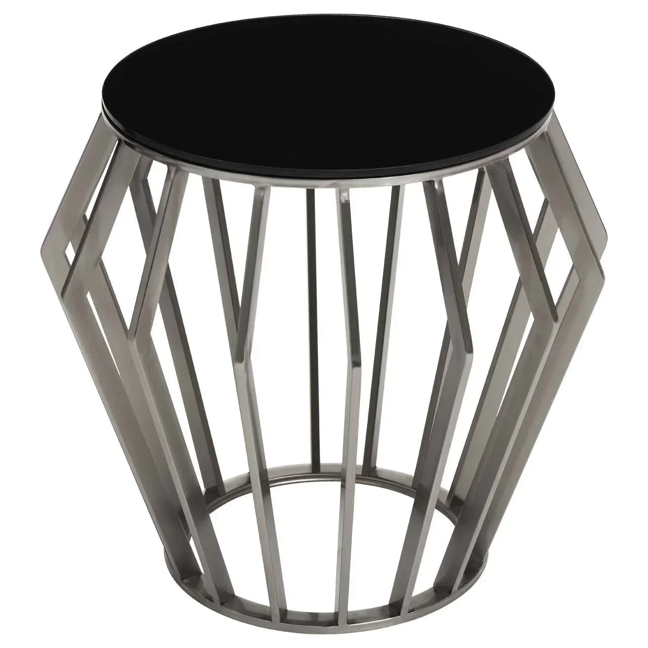 Round black glass top side table with geometric metal frame, modern accent furniture