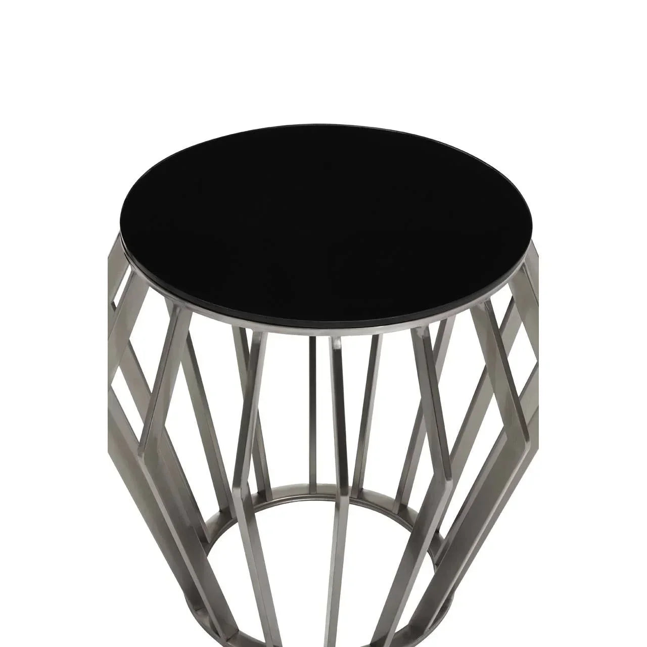 round black glass side table with geometric silver metal base