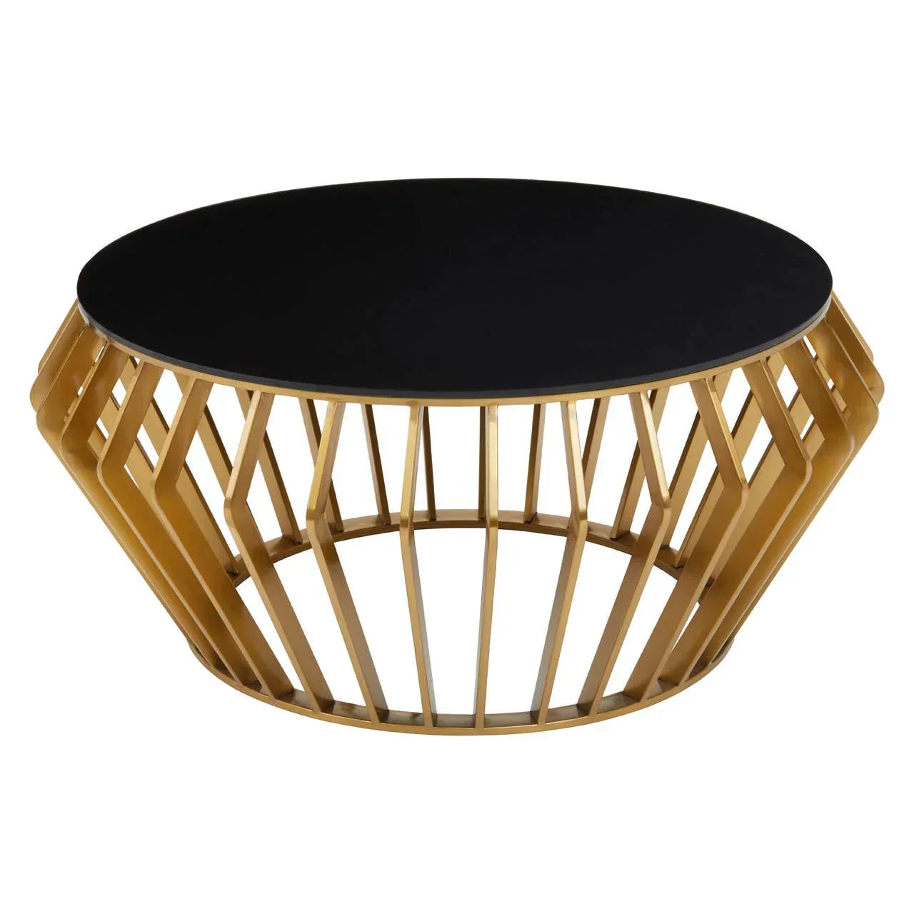 Round gold metal coffee table with black top and geometric open frame design