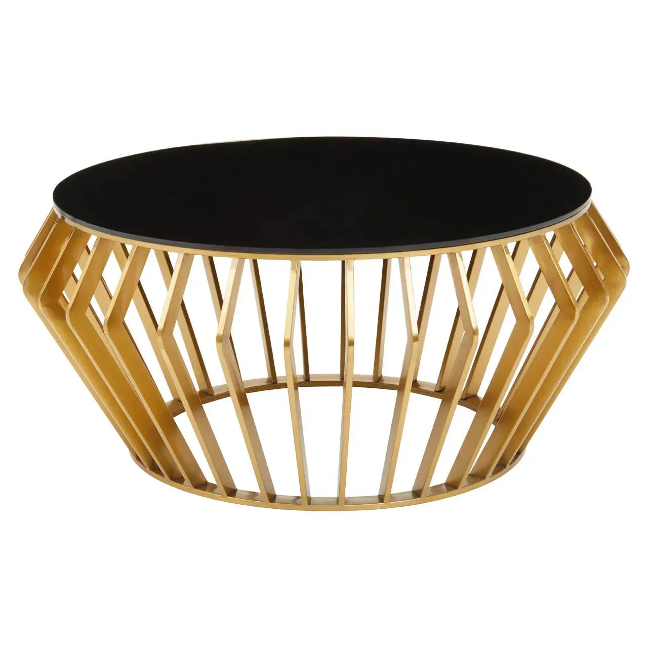 Round coffee table with black glass top and gold metal geometric base