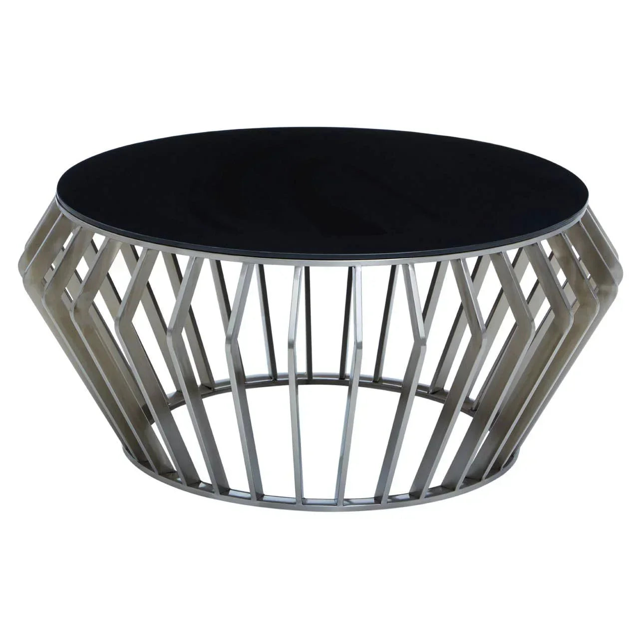 Round coffee table with black glass top and geometric metal base