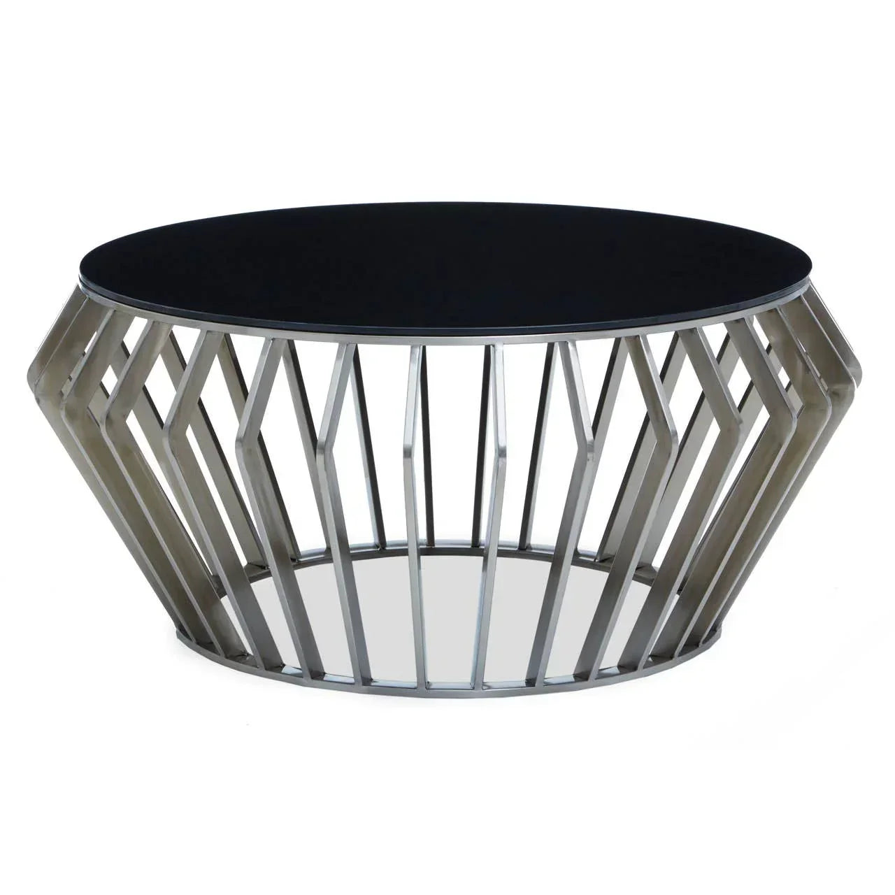 Modern round coffee table with black glass top and geometric chrome metal base