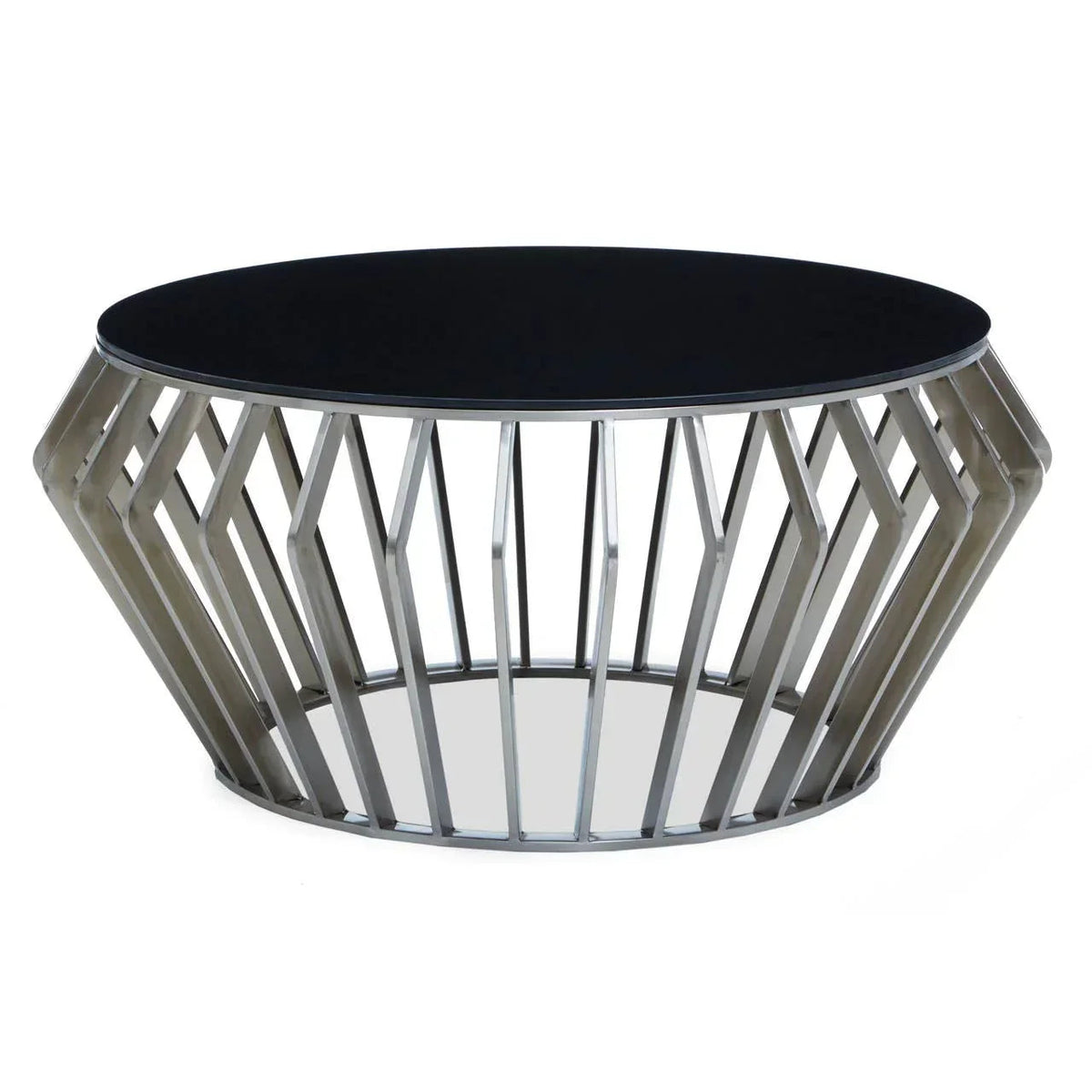 Round coffee table with a glossy black top and chrome cage-style base, angled view