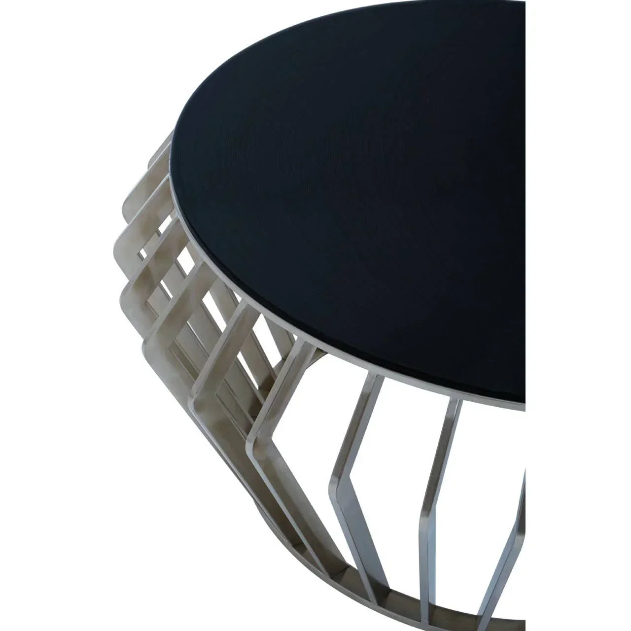 Round coffee table with black wooden top and geometric silver metal base