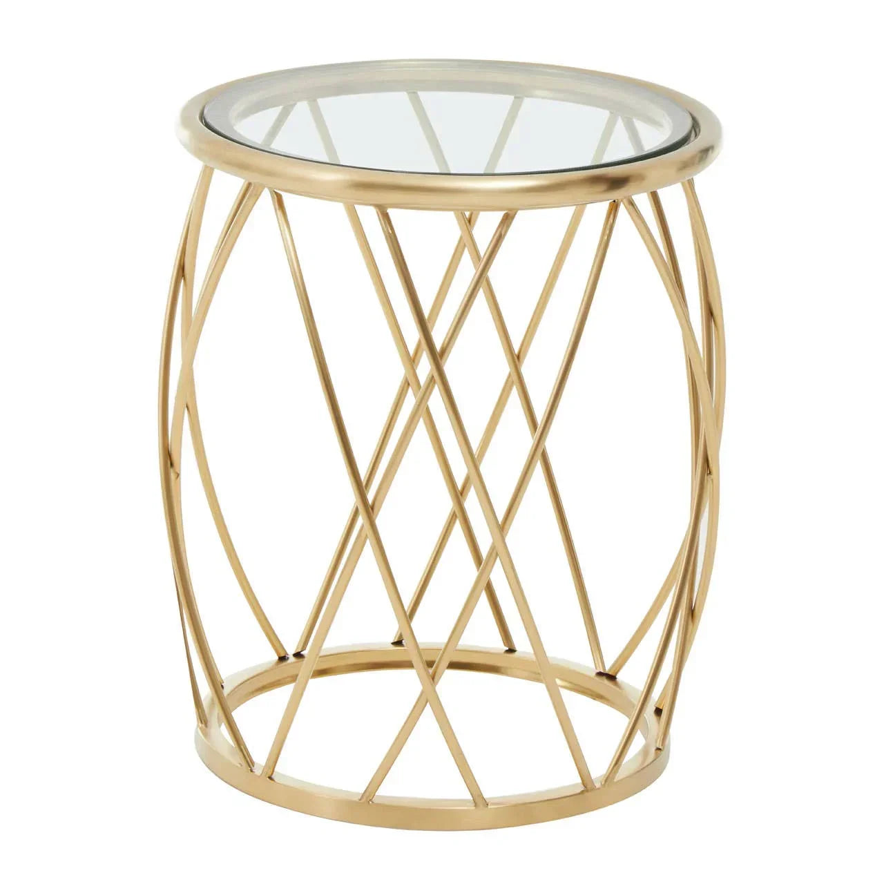 Round gold metal side table with glass top and geometric open frame