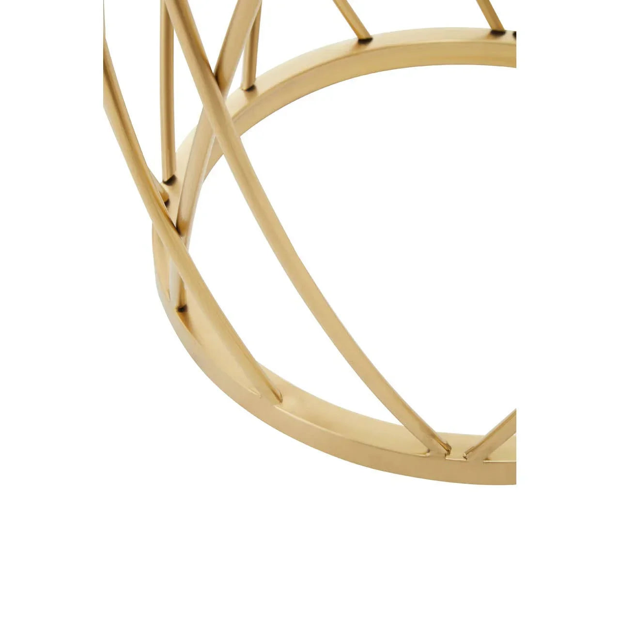 Close view of gold metal table base with intersecting rod design