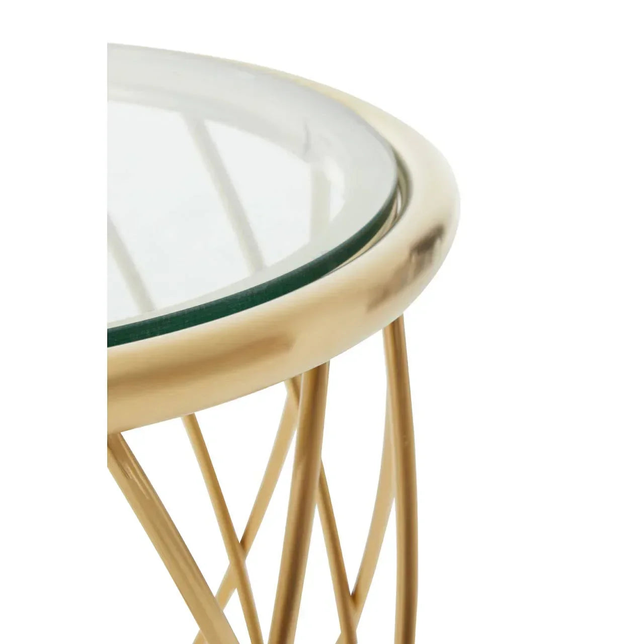 Round glass top side table with gold metal frame, close-up of edge and leg design