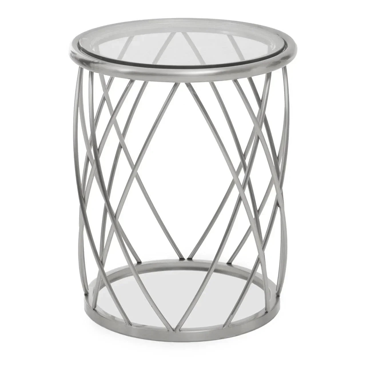 Round glass top side table with silver metal lattice base, modern living room furniture